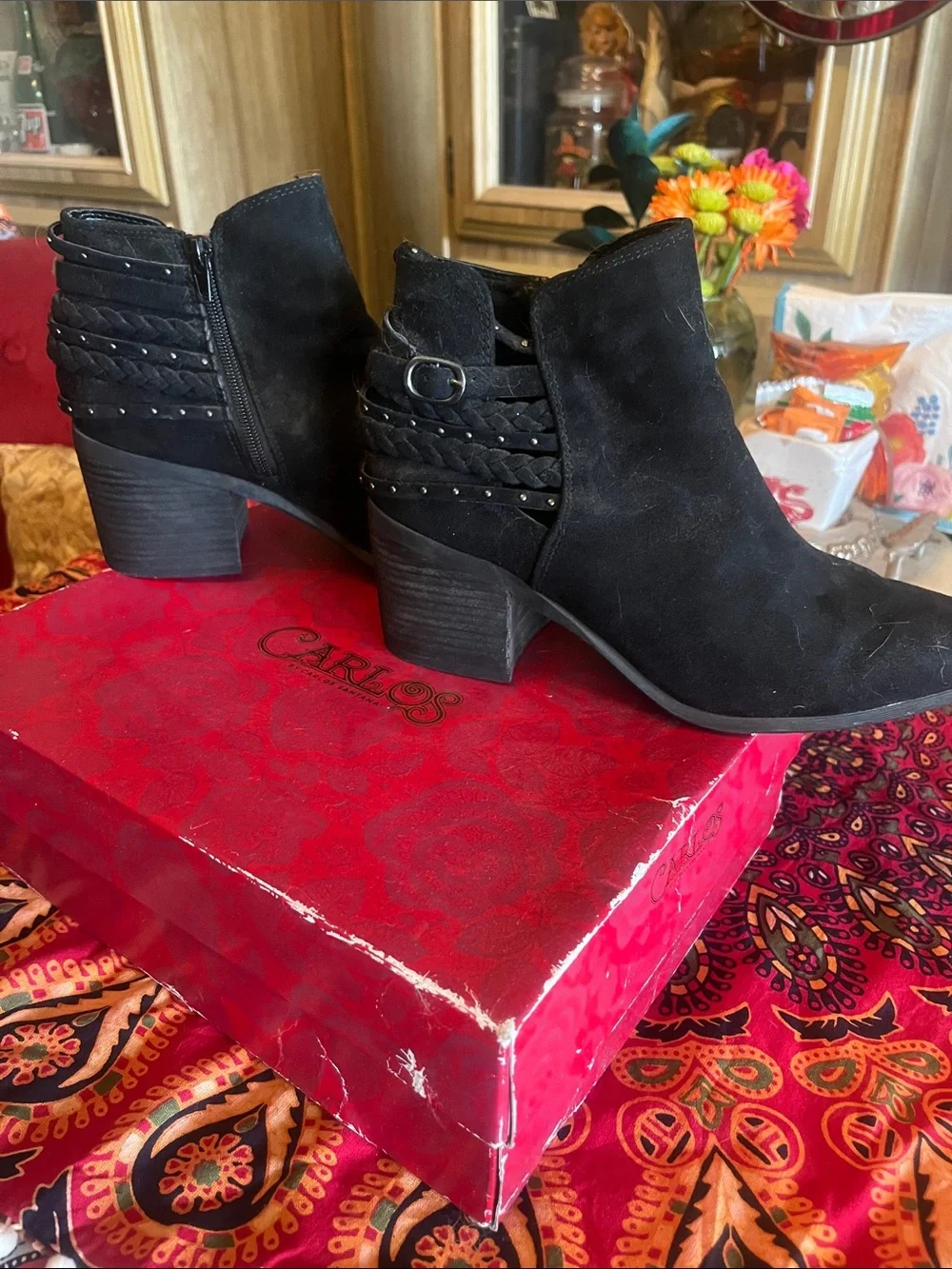 Carlos by Carlos Santana Black Suede Braided Strap Ankle Booties